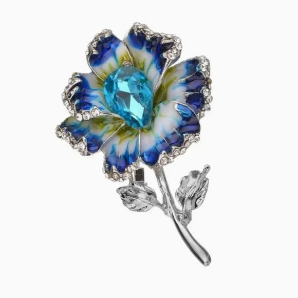 Blue Enamel Flower Brooch with Teardrop & Crystals Silver Tone - Picture 1 of 3